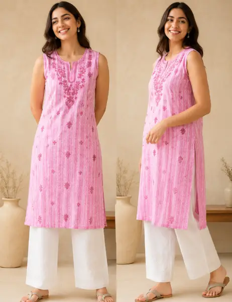 Lucknowi Chikankari Cotton Short Kurti Pink Yellow — Pink / m — image 2 of 4