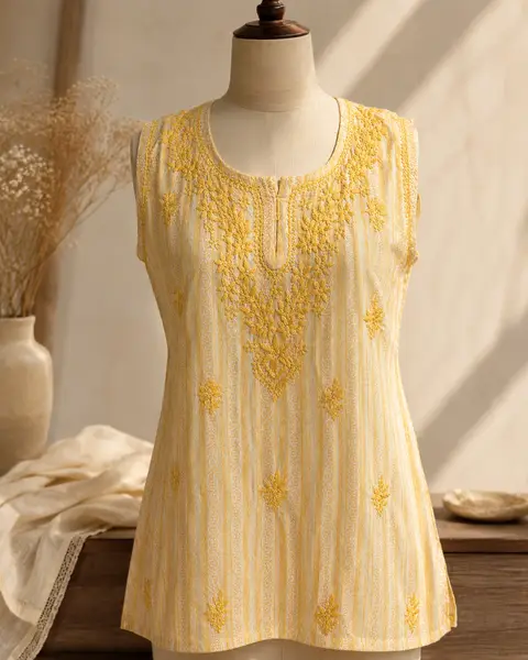 Lucknowi Chikankari Cotton Short Kurti Pink Yellow — yellow / m — image 1 of 4