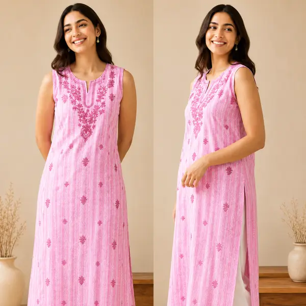 Lucknowi Chikankari Cotton Short Kurti Pink Yellow — Pink / m — image 4 of 4