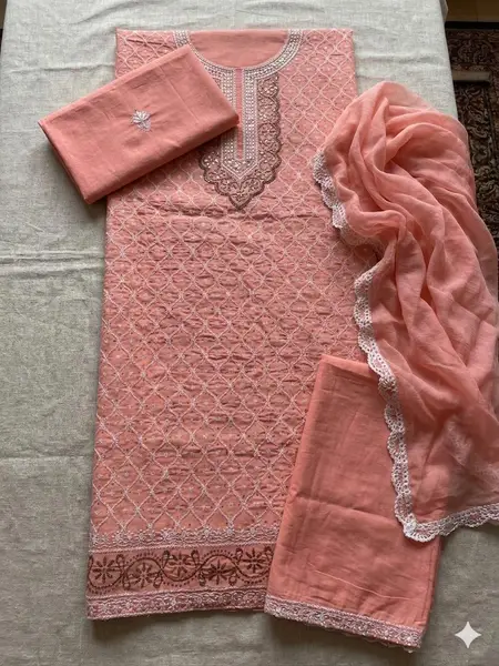 Chikankari Embroidered Cotton Suit Peach (Unstitched)  — image 1 of 5