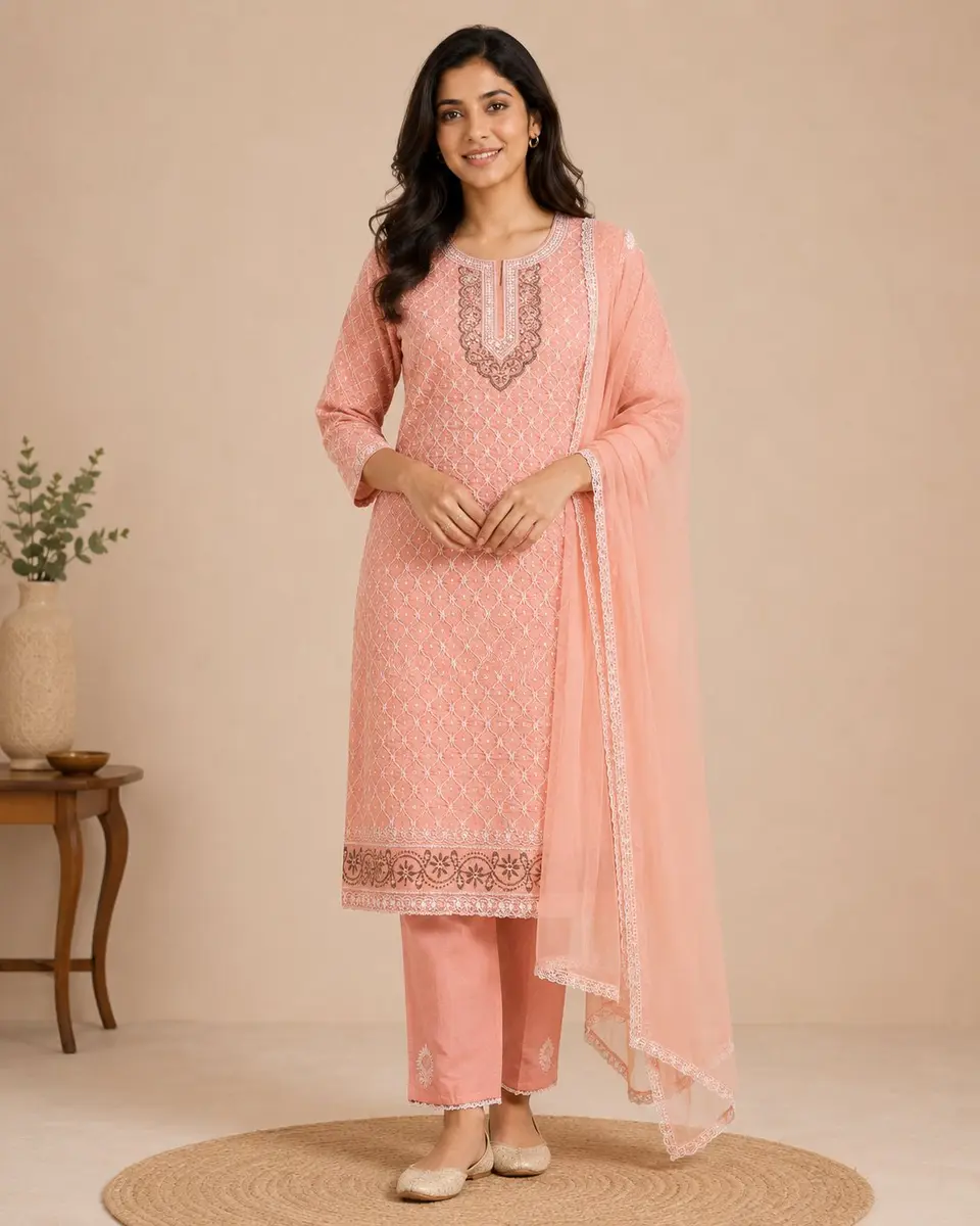 Chikankari Embroidered Cotton Suit Peach (Unstitched)  thumbnail 2