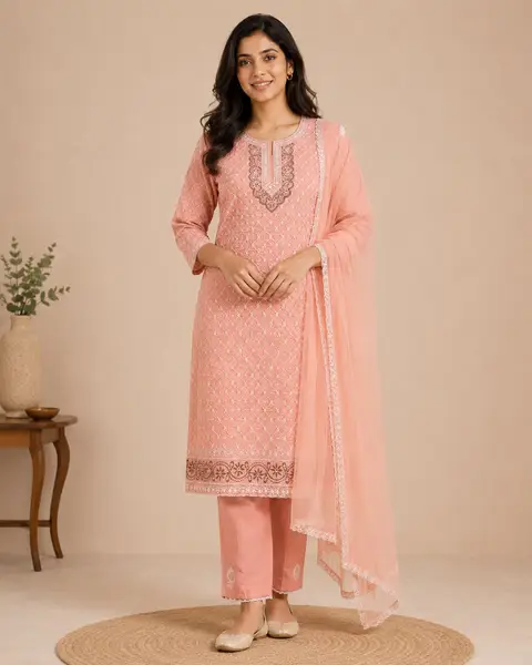 Chikankari Embroidered Cotton Suit Peach (Unstitched)  — image 2 of 5