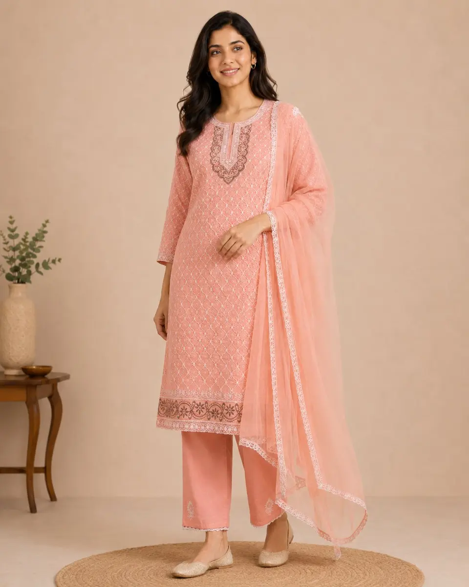 Chikankari Embroidered Cotton Suit Peach (Unstitched)  thumbnail 3