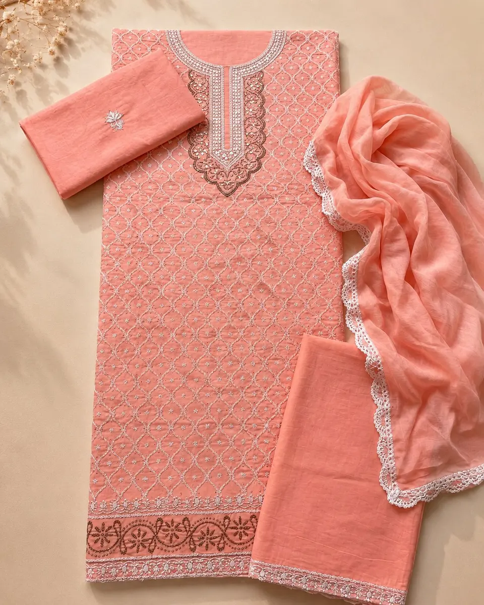 Chikankari Embroidered Cotton Suit Peach (Unstitched)  thumbnail 4