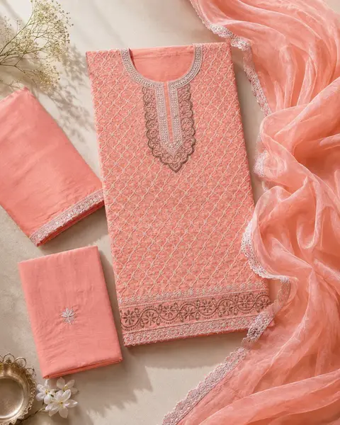 Chikankari Embroidered Cotton Suit Peach (Unstitched)  — image 5 of 5