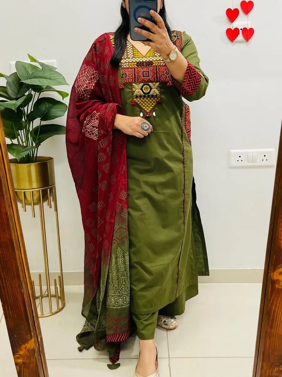 Kutchi Embroidery Cotton Kurta Set Olive Red (Stitched) - Heritage Craft Product