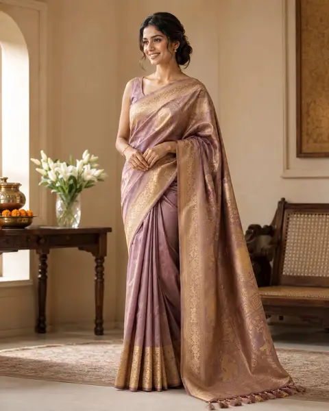 Dola Silk Saree Mauve Gold Zari - Wedding Festive Wear — image 1 of 4