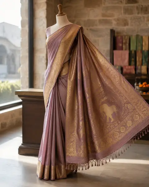 Dola Silk Saree Mauve Gold Zari - Wedding Festive Wear — image 2 of 4