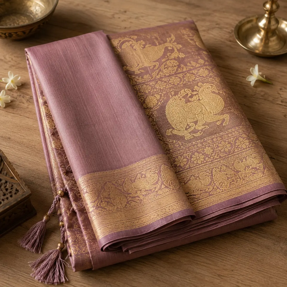 Dola Silk Saree Mauve Gold Zari - Wedding Festive Wear thumbnail 3