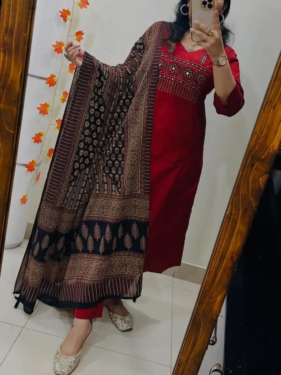 Ajrakh Cotton Kurta Dupatta Set Black Brown (Stitched) - Heritage Craft Product