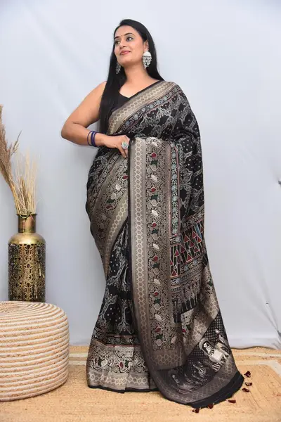 Dola Silk Saree Black Ajrakh with nakshi pallu golden zari weave — image 1 of 3