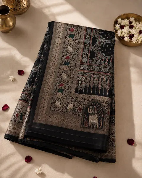 Dola Silk Saree Black Ajrakh with nakshi pallu golden zari weave — image 3 of 3