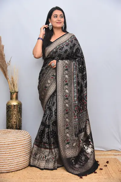 Dola Silk Saree Black Ajrakh with nakshi pallu golden zari weave — image 2 of 3