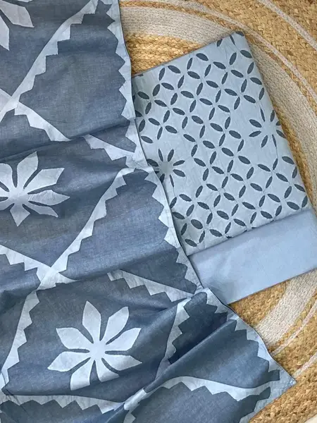 Appliqué  Cotton Suit in Pigeon Blue (Unstitched) — image 2 of 3