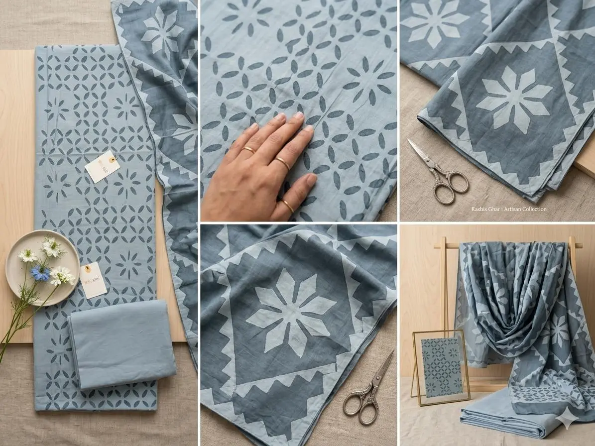 Appliqué  Cotton Suit in Pigeon Blue (Unstitched) thumbnail 3