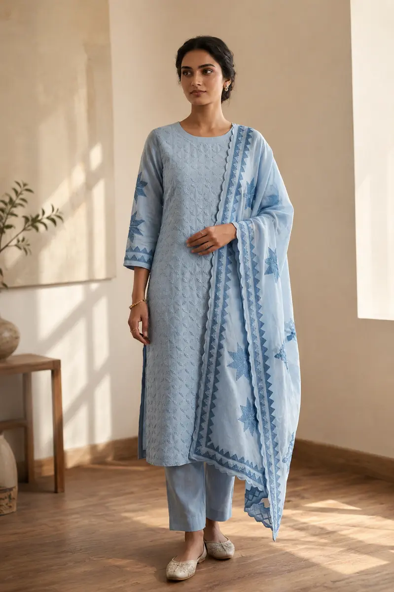 Appliqué Cotton Suit in Pigeon Blue (Unstitched) - Image 1 of 3