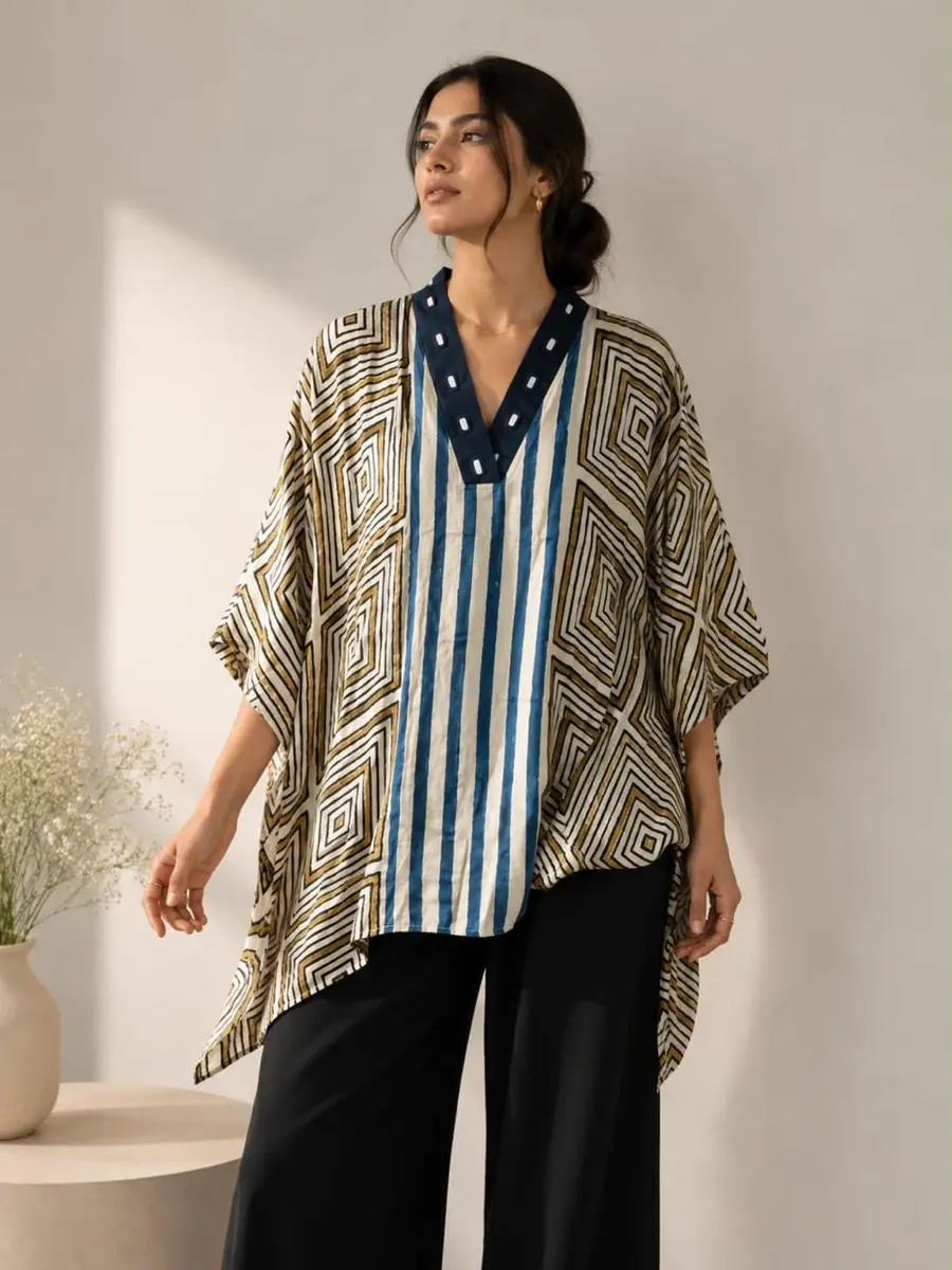 Ajrakh Print Modal Silk Kaftan Top Multi Color - Casual Festive Wear - Heritage Craft Product