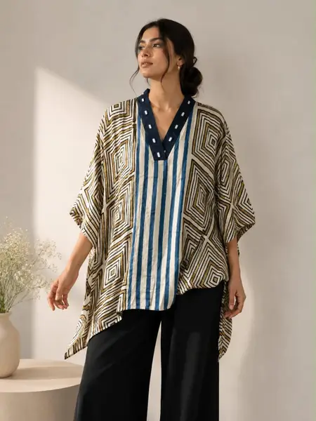 Ajrakh Print Modal Silk Kaftan Top Multi Color - Casual Festive Wear — blue white brown / Free Size