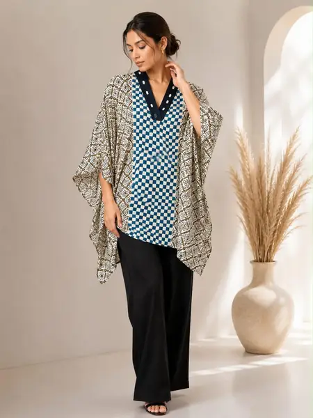 Ajrakh Print Modal Silk Kaftan Top Multi Color - Casual Festive Wear — blue white brown checkered / Free Size