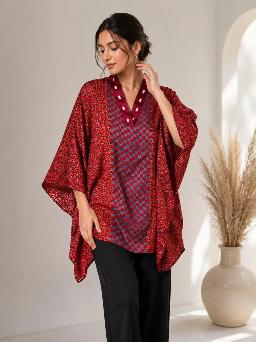Ajrakh Print Modal Silk Kaftan Top Multi Color - Casual Festive Wear - Heritage Craft Product