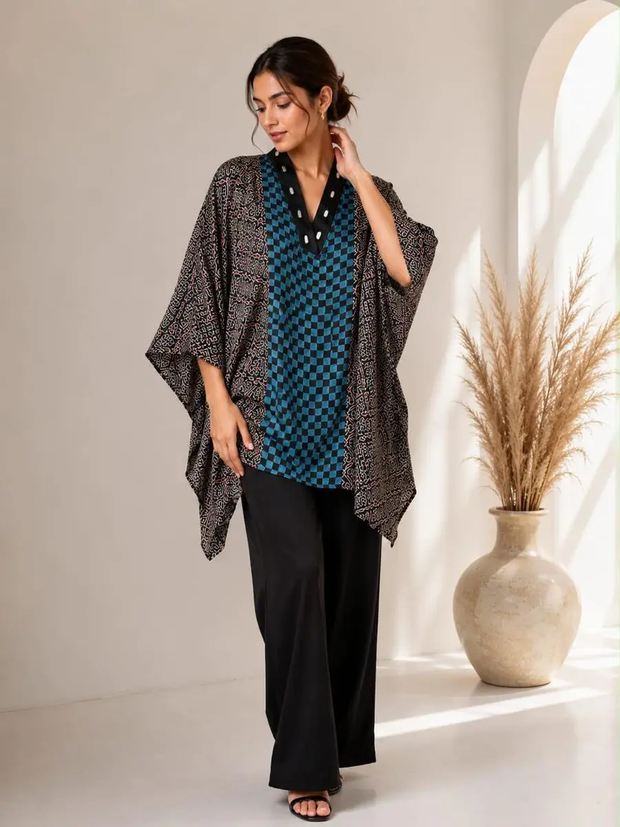 Ajrakh Print Modal Silk Kaftan Top Multi Color - Casual Festive Wear - Heritage Craft Product