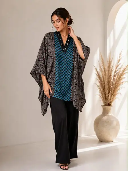 Ajrakh Print Modal Silk Kaftan Top Multi Color - Casual Festive Wear — black blue checkered / Free Size