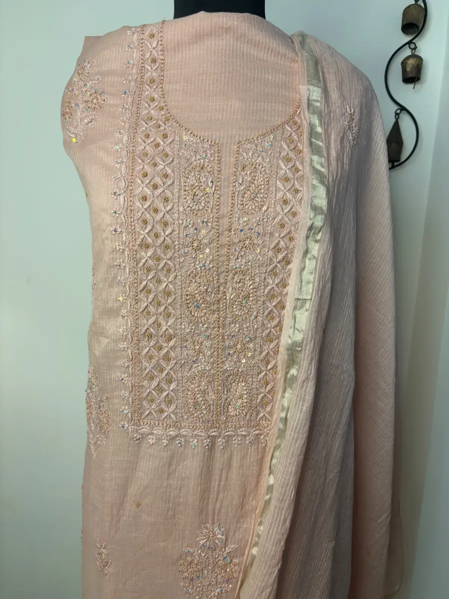 Chikankari Kurta Dupatta Set Mul Chanderi Fawn (Unstiched) thumbnail 2