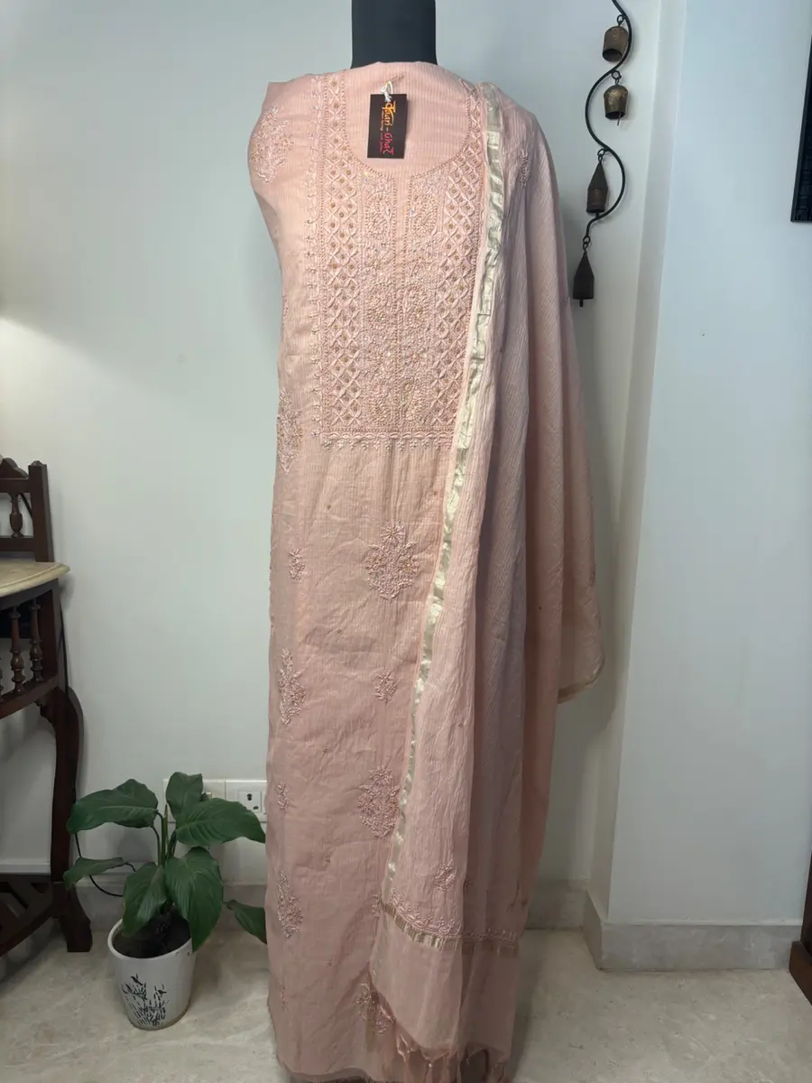 Chikankari Kurta Dupatta Set Mul Chanderi Fawn (Unstiched) thumbnail 3