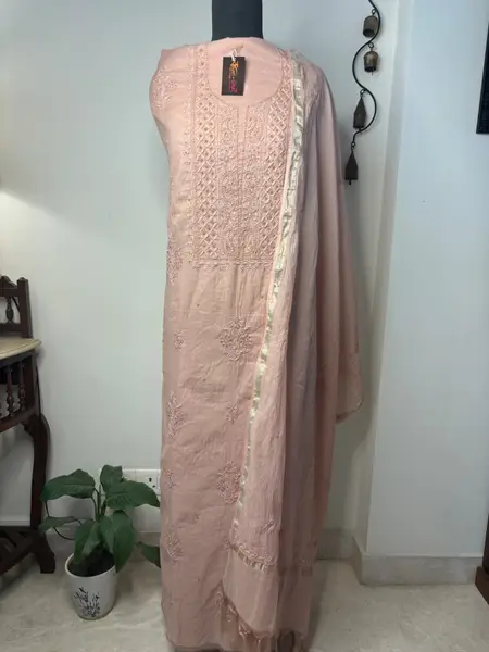 Chikankari Kurta Dupatta Set Mul Chanderi Fawn (Unstiched) — image 3 of 3