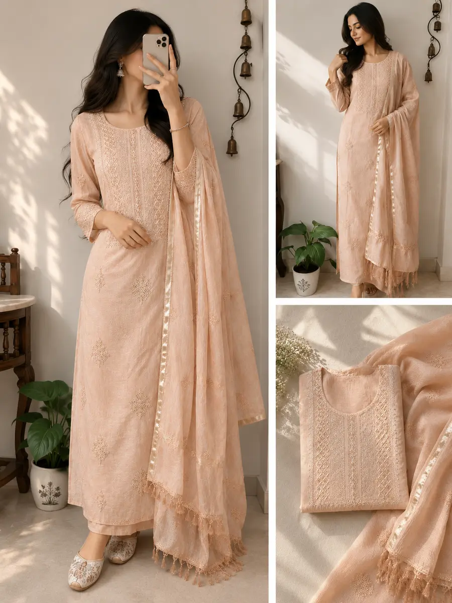 Chikankari Kurta Dupatta Set Mul Chanderi Fawn (Unstiched) - Image 1 of 3