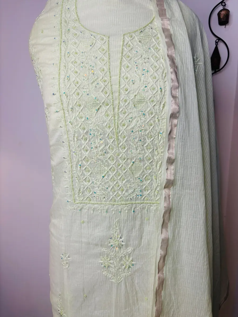 Chikankari Cotton Kurta Dupatta Set Pista Green (Unstiched) thumbnail 4