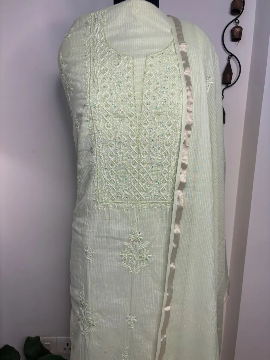 Chikankari Cotton Kurta Dupatta Set Pista Green (Unstiched) thumbnail 5