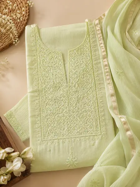 Chikankari Cotton Kurta Dupatta Set Pista Green (Unstiched) — image 2 of 5