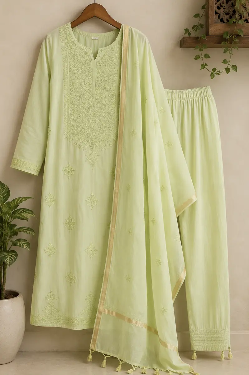 Chikankari Cotton Kurta Dupatta Set Pista Green (Unstiched) thumbnail 3