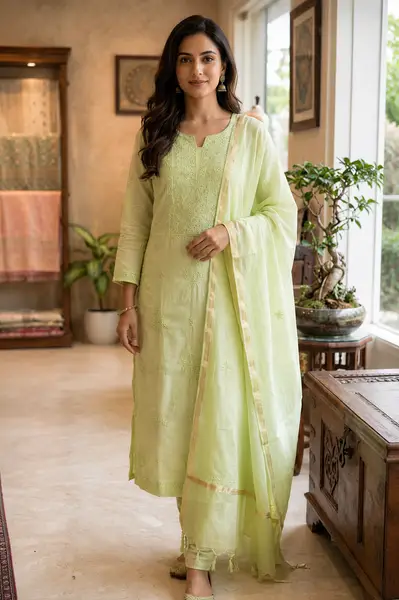 Chikankari Cotton Kurta Dupatta Set Pista Green (Unstiched) — image 1 of 5