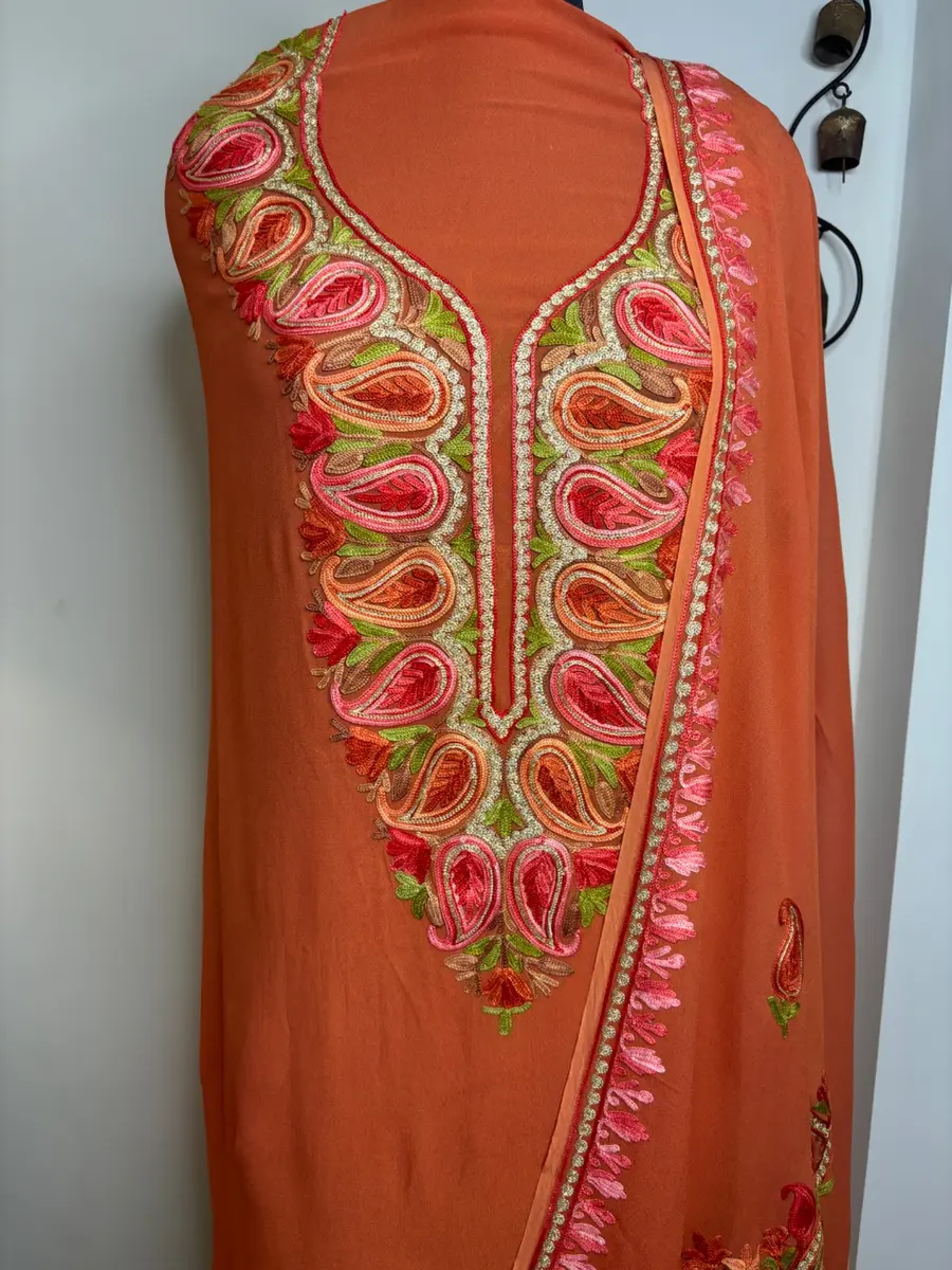 Kashmiri Georgette Suit rust Aari Tilla Embroidery (Unstitched) thumbnail 4