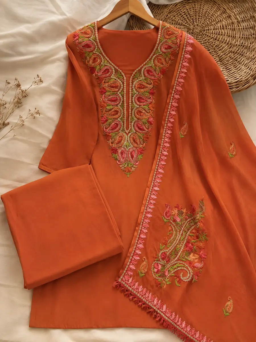 Kashmiri Georgette Suit rust Aari Tilla Embroidery (Unstitched) thumbnail 3