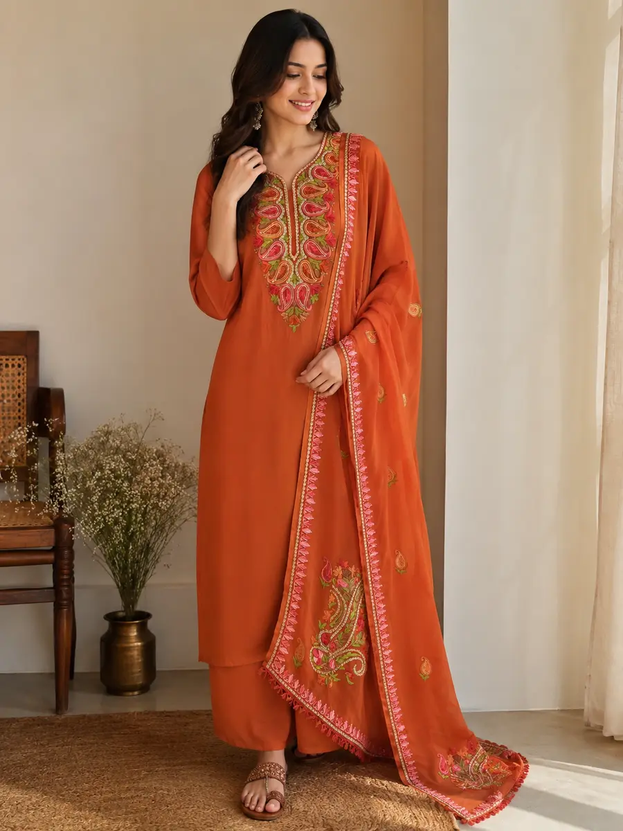 Kashmiri Georgette Suit rust Aari Tilla Embroidery (Unstitched) - Image 1 of 4
