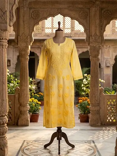 Chikankari Cotton Kurta Yellow Ombre — 42 XL — image 2 of 3