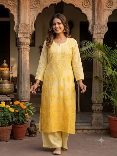 Chikankari Cotton Kurta Yellow Ombre — 42 XL — image 3 of 3