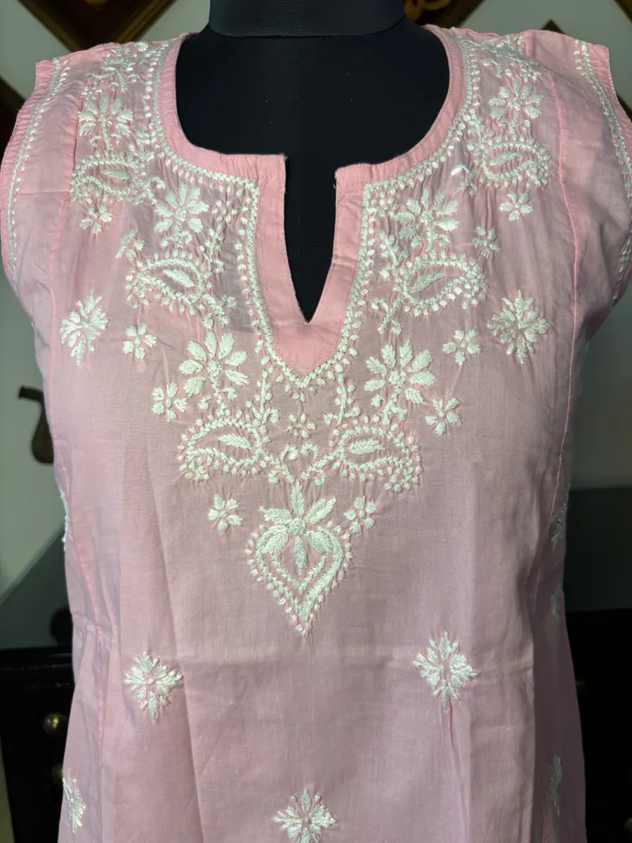 Chikankari Cotton Kurti in Pink, Baby Pink, Lavender, Beige - Casual Daily Wear - Image 1 of 4