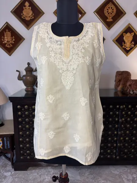 Chikankari Cotton Kurti in Pink, Baby Pink, Lavender, Beige - Casual Daily Wear — beige / l — image 1 of 3