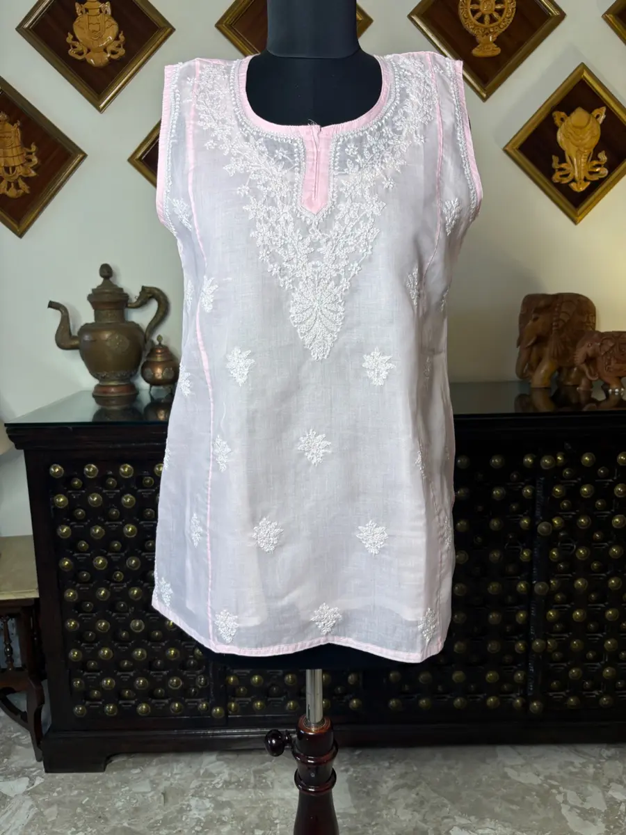 Chikankari Cotton Kurti in Pink, Baby Pink, Lavender, Beige - Casual Daily Wear - Image 1 of 2