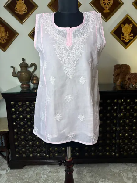 Chikankari Cotton Kurti in Pink, Baby Pink, Lavender, Beige - Casual Daily Wear — light pink / s — image 1 of 2