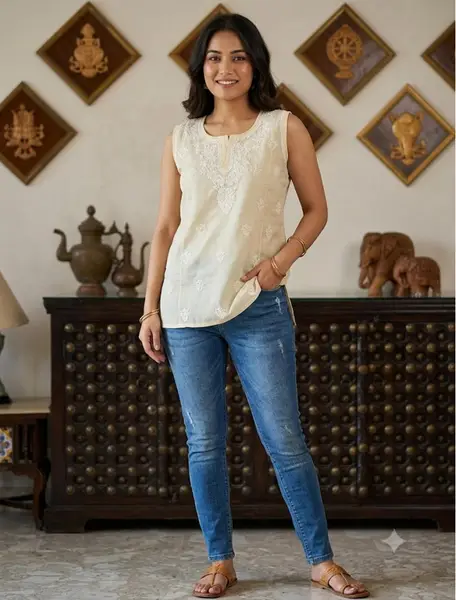 Chikankari Cotton Kurti in Pink, Baby Pink, Lavender, Beige - Casual Daily Wear — beige / l — image 3 of 3