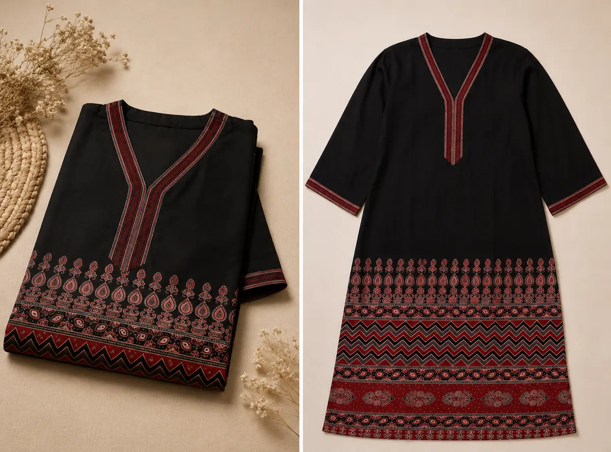 Ajrakh Print Black Cotton Kurta thumbnail 2