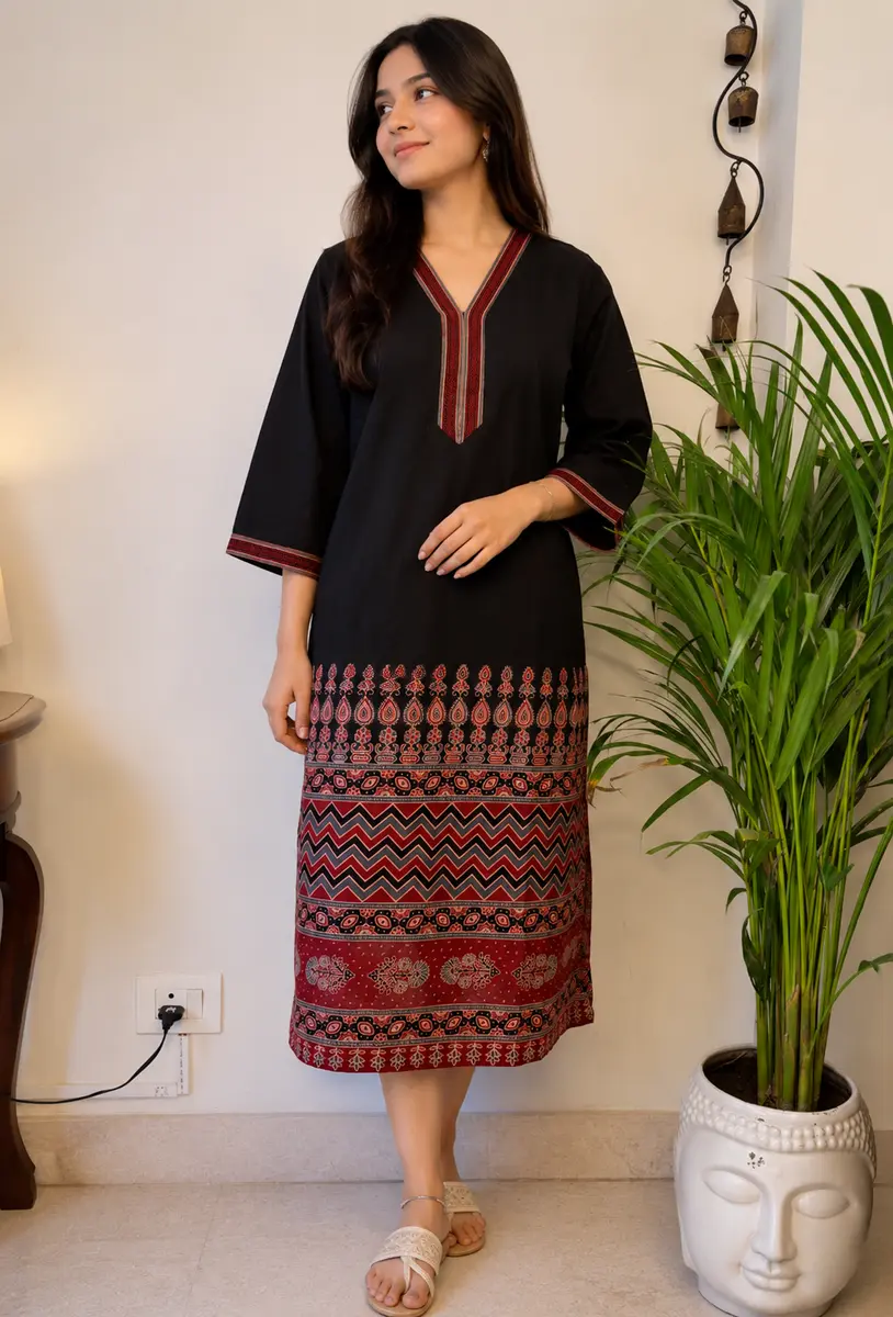 Ajrakh Print Black Cotton Kurta - Image 1 of 3