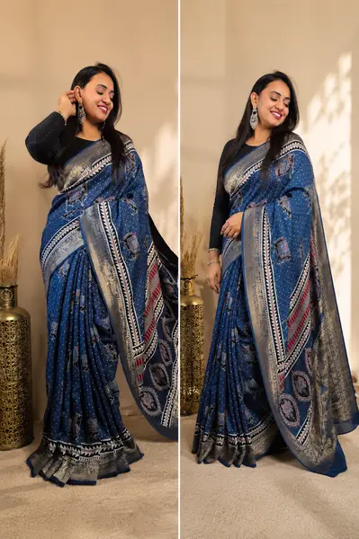 Ajrakh Dola Silk Saree Indigo Blue — image 1 of 2