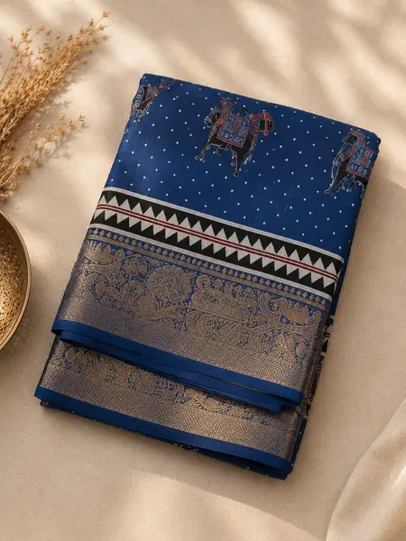 Ajrakh Dola Silk Saree Indigo Blue — image 2 of 2