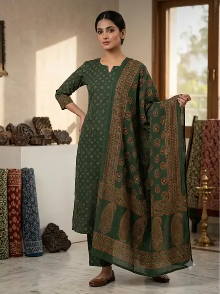 Ajrakh Handloom Cotton Kurta Dupatta Set Green (Unstitched) — image 1 of 3